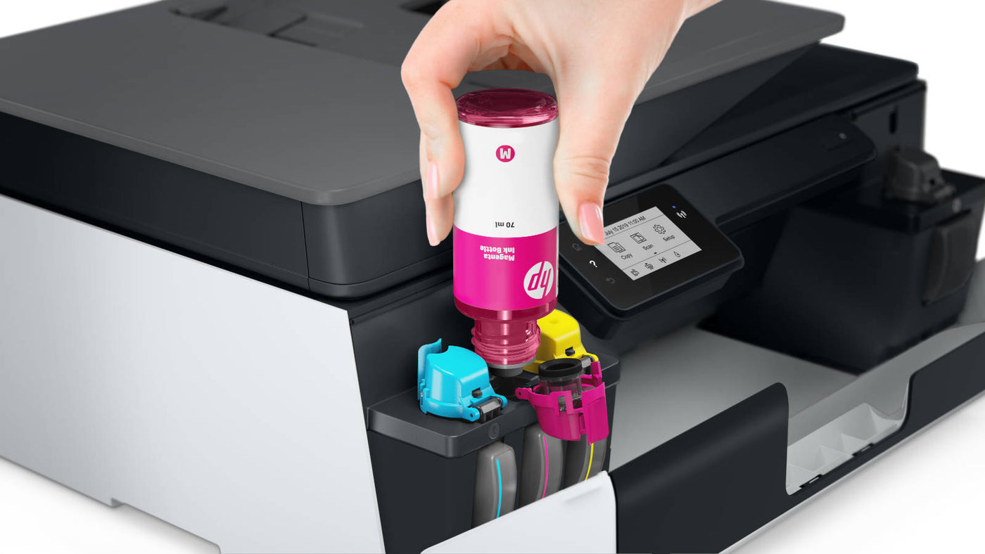 hp printer being refilled using an eco friendly ink bottle