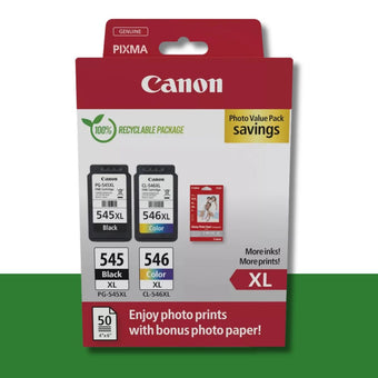 Canon PG-545XL Black and CL-546XL Colour Ink Cartridge Photo Paper Value Combo Pack - 8286B011