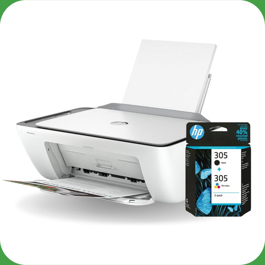 White HP printer with an HP ink cartridge on a white background